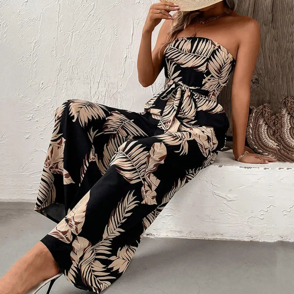 Schwarzer trägerloser Jumpsuit mit Palmenprint - Isabel