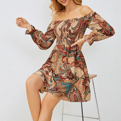 Beiges schulterfreies Minikleid mit Paisley-Muster - Sophia