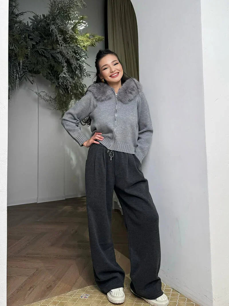 Damen strickjacke grau mit kapuze & kunstpelz – warme winterjacke