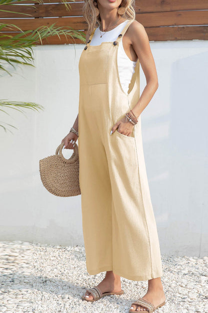 Latz-Jumpsuit mit Knopfverschluss und Taschen – Beige