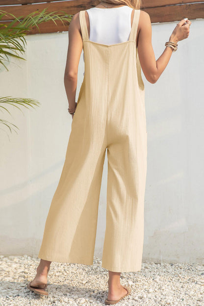 Latz-Jumpsuit mit Knopfverschluss und Taschen – Beige