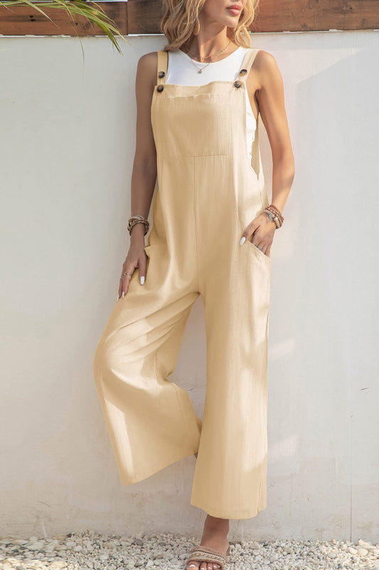 Latz-Jumpsuit mit Knopfverschluss und Taschen – Beige