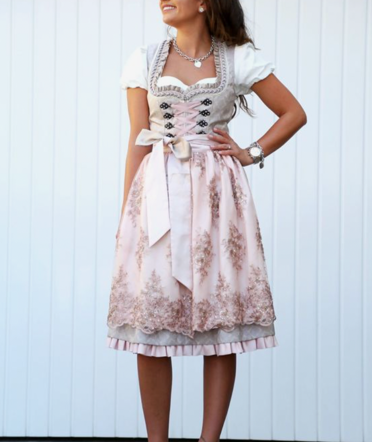 Grau-rosé Trachtenkleid Damen mit Schürze und Bluse