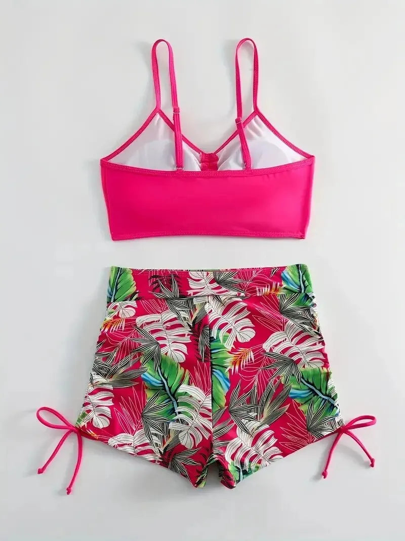 Luisa - Pinker Tankini mit tropischem Shorts-Set