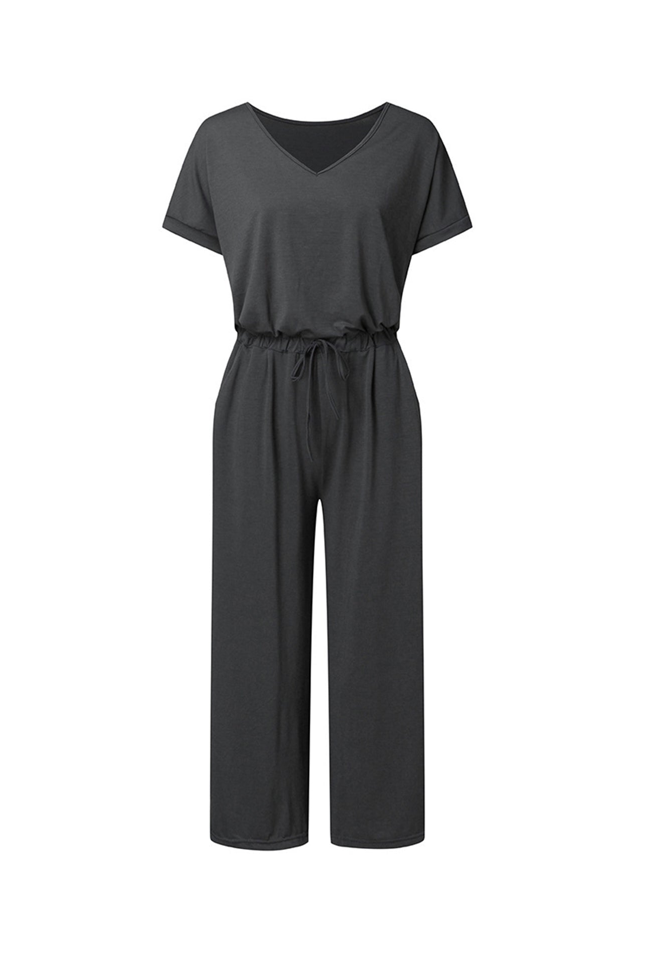 V-Ausschnitt Kurzarm Jumpsuit mit Elastischer Taille