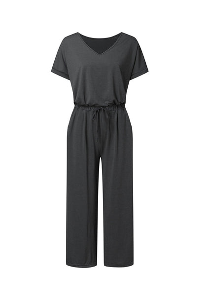 V-Ausschnitt Kurzarm Jumpsuit mit Elastischer Taille