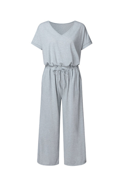 V-Ausschnitt Kurzarm Jumpsuit mit Elastischer Taille
