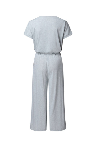 V-Ausschnitt Kurzarm Jumpsuit mit Elastischer Taille