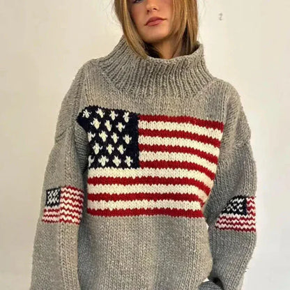 Damen-winterpullover mit stehkragen und US-flagge im retro-stil – damen
