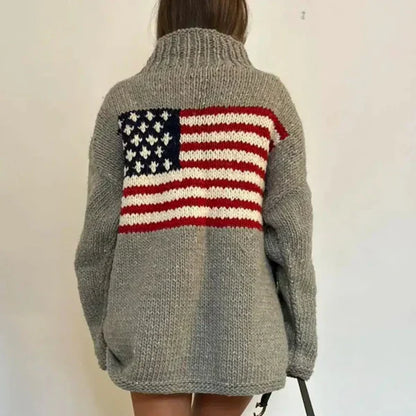 Damen-winterpullover mit stehkragen und US-flagge im retro-stil – damen