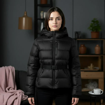 Gefütterte damen-steppjacke mit gürtel und kapuze – damen