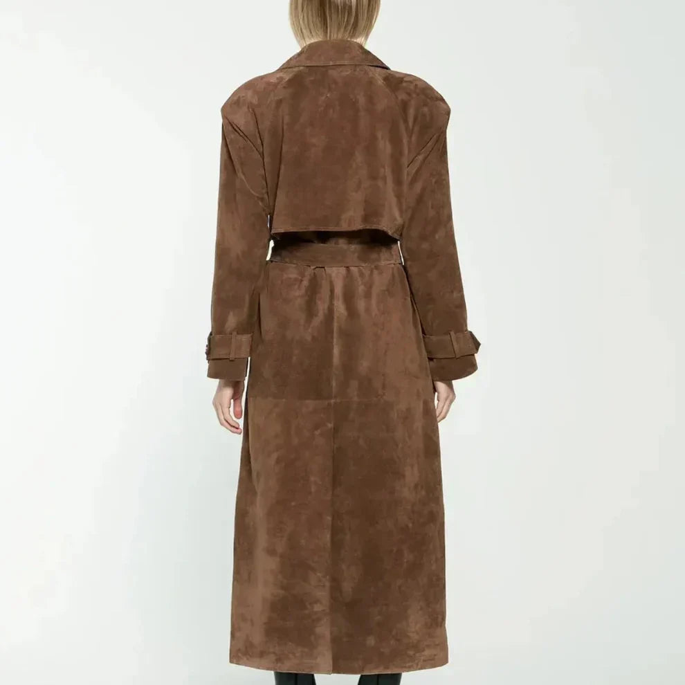 Eleganter, klassischer trenchcoat aus wildleder für damen