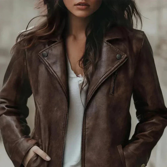 Vintage bikerjacke aus kunstleder für damen