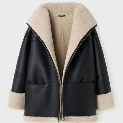 Schwarzer damen-wintermantel aus leder mit pelzfutter – damen