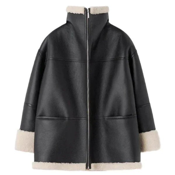 Schwarzer damen-wintermantel aus leder mit pelzfutter – damen
