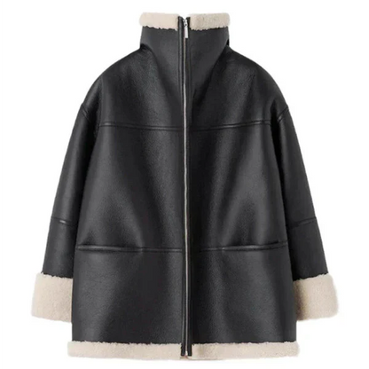 Schwarzer damen-wintermantel aus leder mit pelzfutter – damen