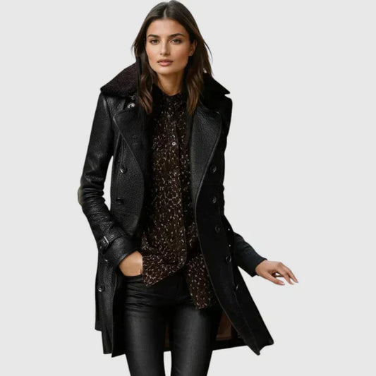 Eleganter, warmer winterledermantel für damen – damen