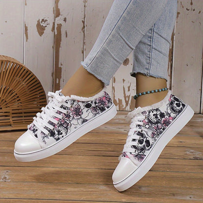 Damen Skull Print Canvas Sneakers – Bequeme Freizeitschuhe mit Schnürung