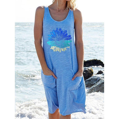 Bedrucktes ärmelloses Strickkleid Langes Freizeitkleid