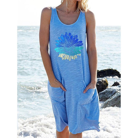 Bedrucktes ärmelloses Strickkleid Langes Freizeitkleid