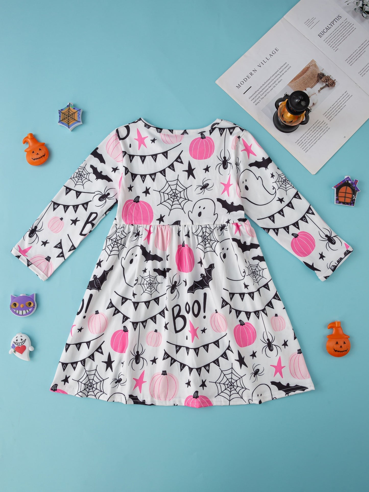 Baby Mädchen Kleid – Cartoon Kürbis & Geister Print