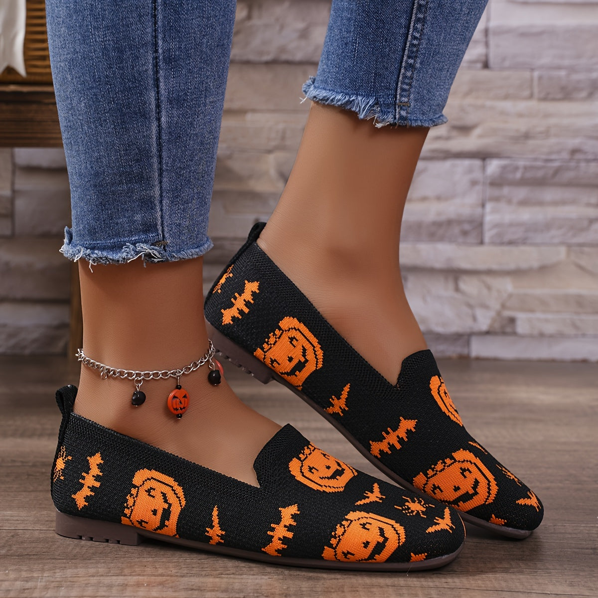 Damen Halloween Flats – Leichte Slip-On Schuhe mit Strickmuster