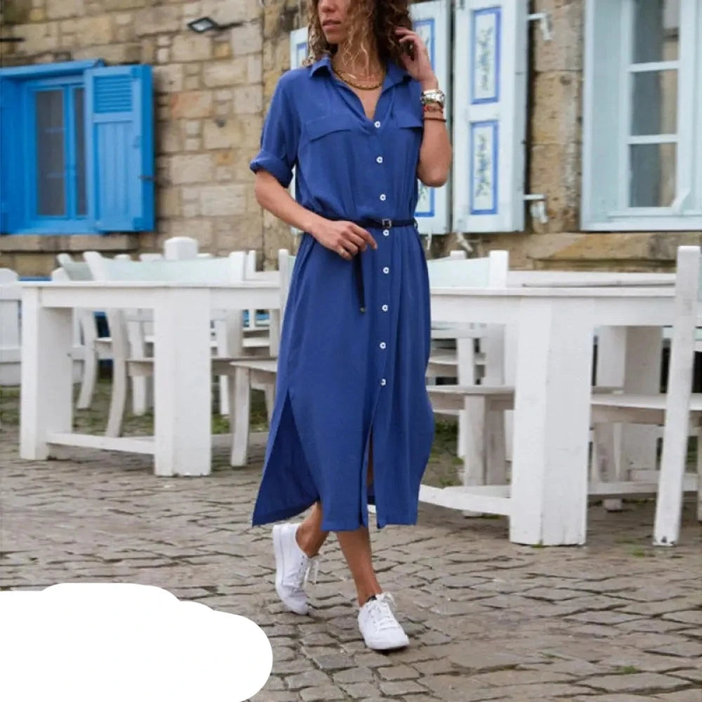 Blaues Hemdblusenkleid mit Gürtel - Charlotte