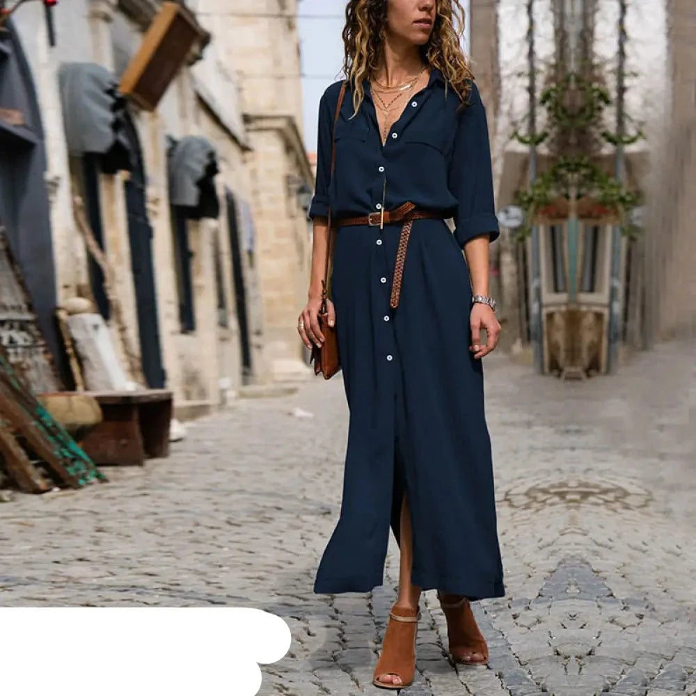 Blaues Hemdblusenkleid mit Gürtel - Charlotte