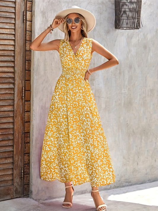 Gelbes Blumenkleid mit V-Ausschnitt - Emily