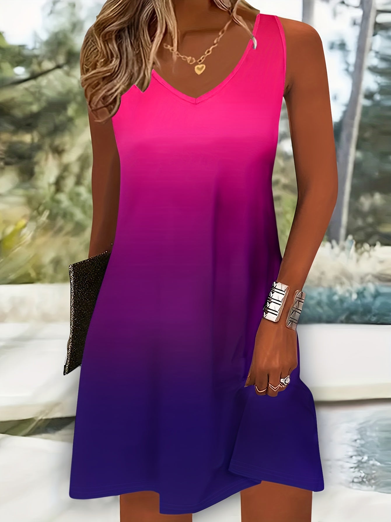 Blaues Ombre-Kleid mit V-Ausschnitt - Alina