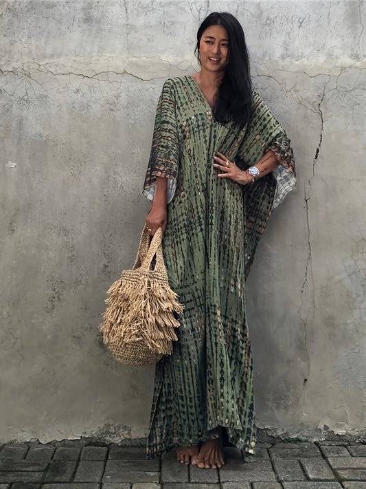 Armeegrüner Batik-Kaftan - Leila