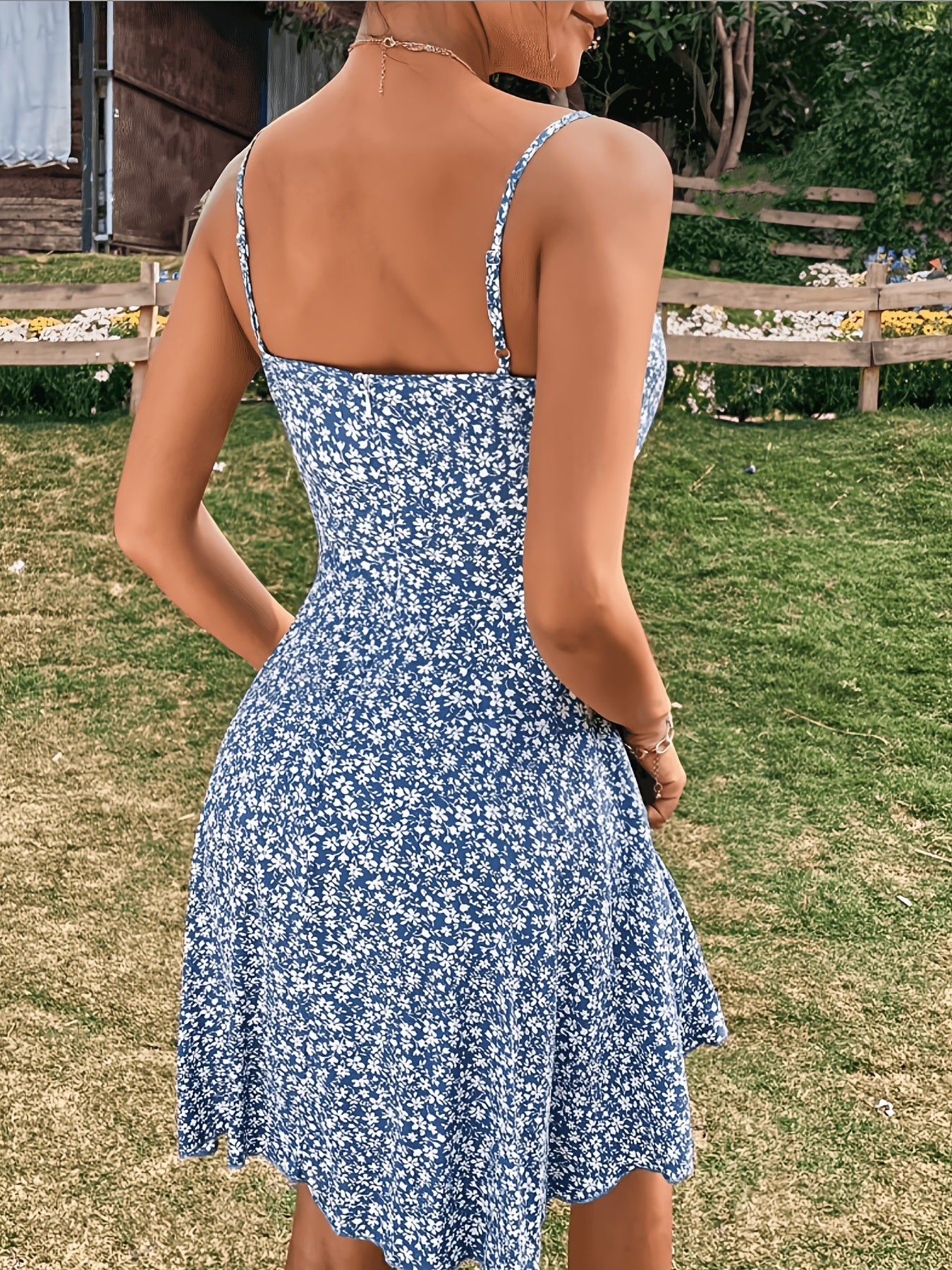 Blaues Blumenmuster-Kleid mit Raffung - Leona