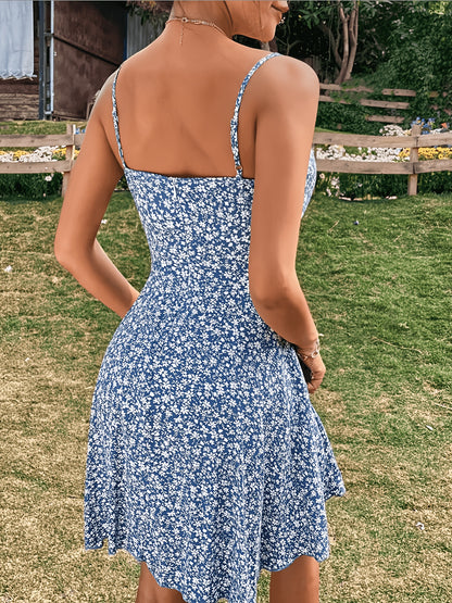 Blaues Blumenmuster-Kleid mit Raffung - Leona