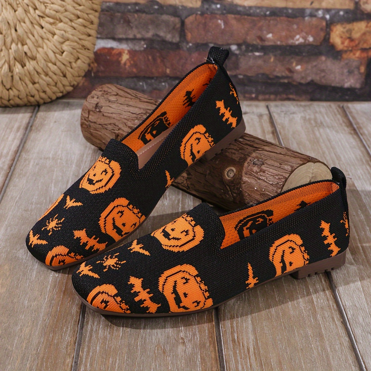 Damen Halloween Flats – Leichte Slip-On Schuhe mit Strickmuster