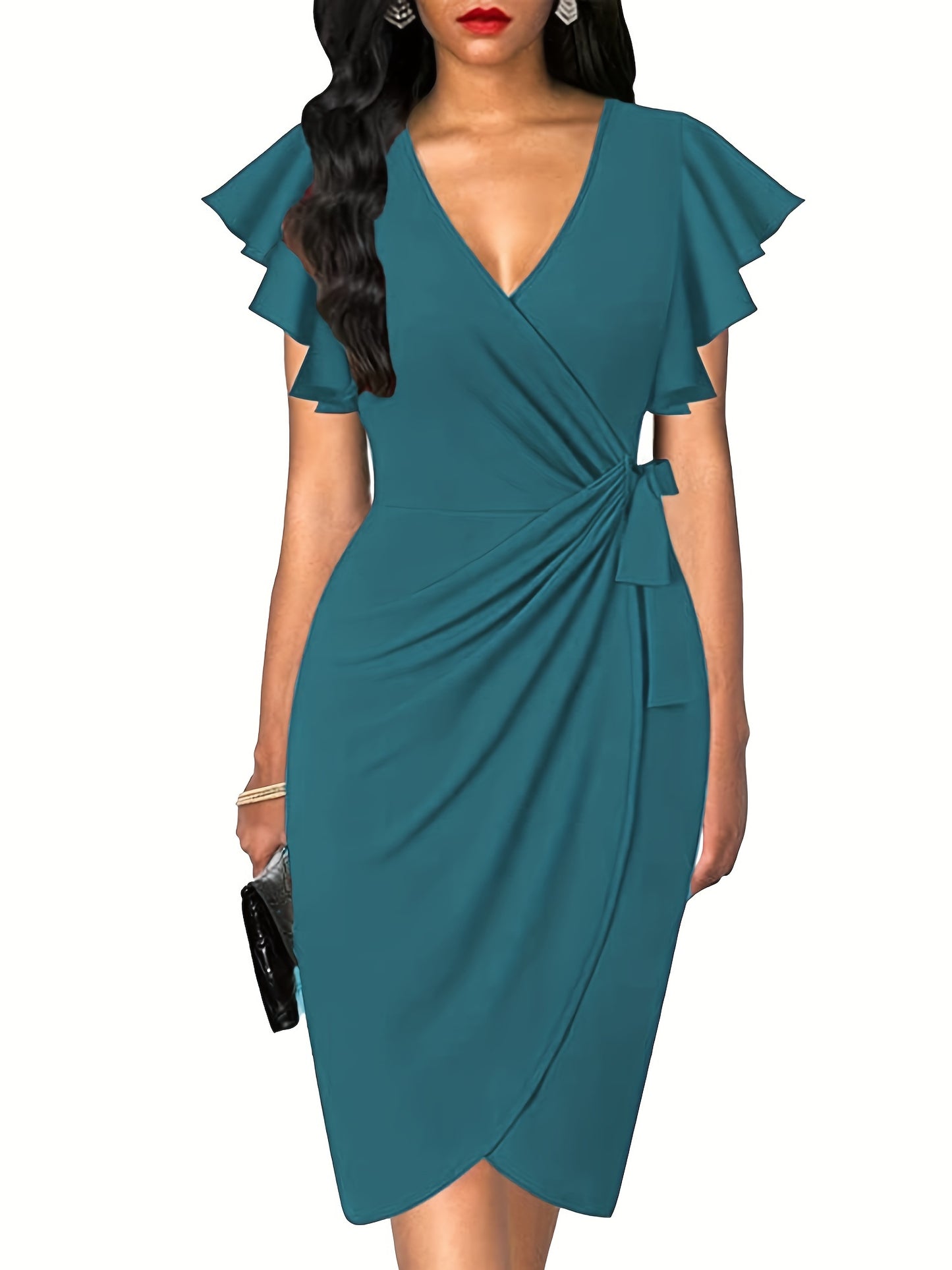 Schwarzes Wickelkleid Rüschenärmel Midi - Lara