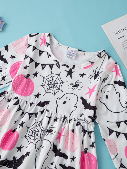 Baby Mädchen Kleid – Cartoon Kürbis & Geister Print