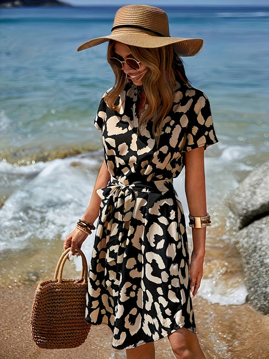 Kleid in Schwarz - Lara, Leopardenmuster, Taillengürtel