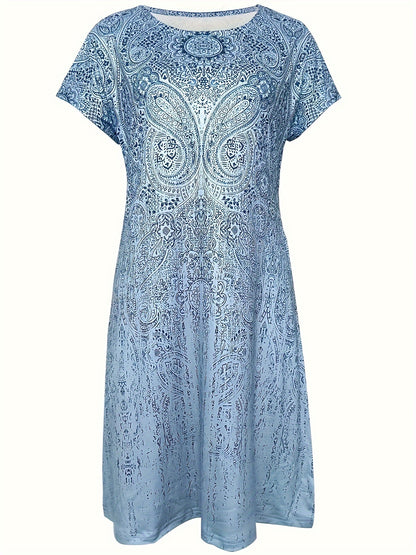 Stahlblaues Druckkleid Kurzarm - Anna