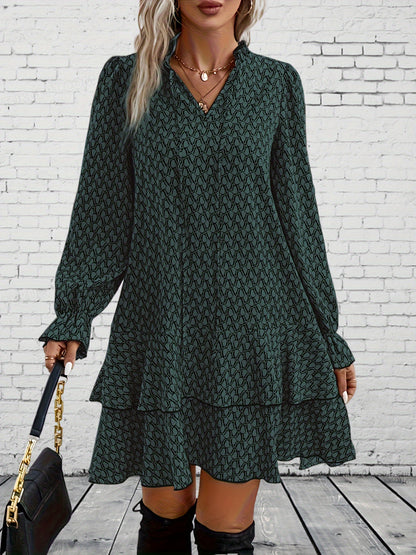 Khaki Gemustertes Rüschenkleid - Nora