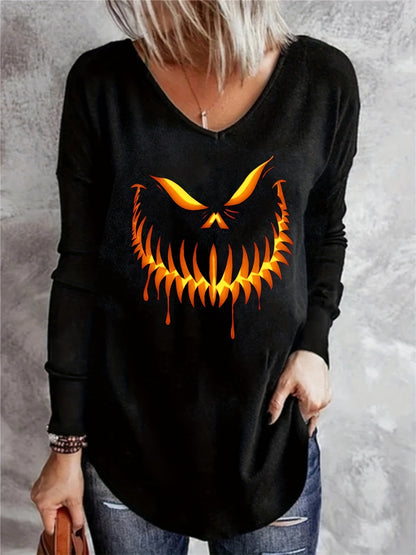 Halloween Casual V-Ausschnitt Langarmshirt für Damen