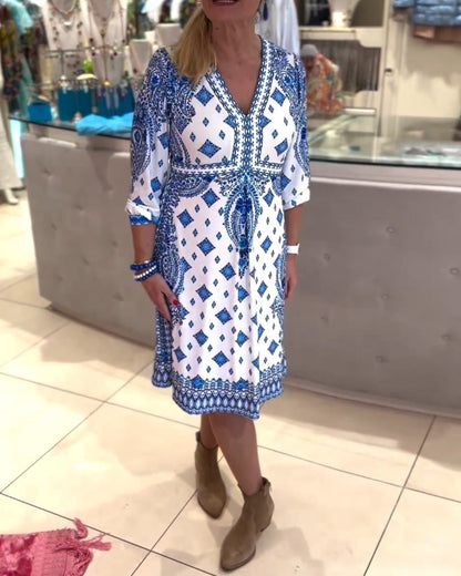 Lina - Blaues Musterkleid Boho-Chic