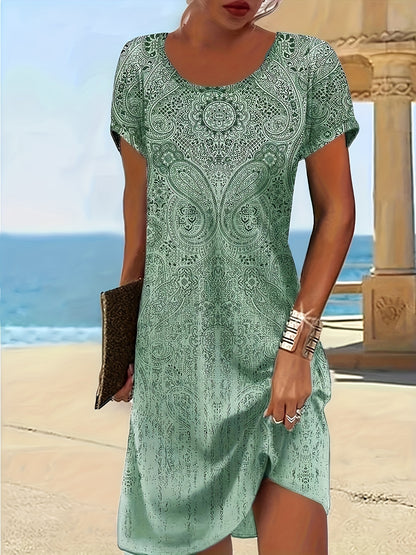 Stahlblaues Druckkleid Kurzarm - Anna