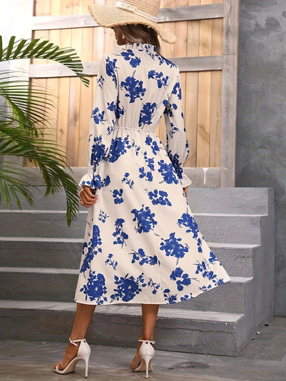 Blau-Weißes Blumenkleid Langarm - Sophie