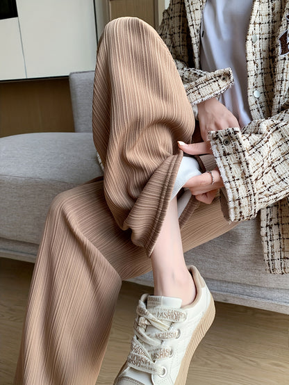 Bequeme Fleece-gefütterte Streifenhose mit weitem Bein – Beige