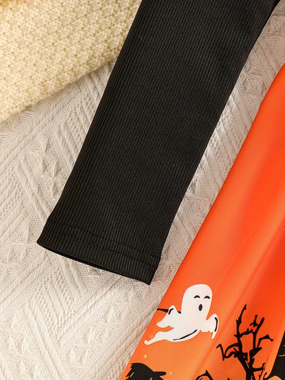 Mädchen Stilvolles Halloween-Kleid mit Cartoon-Geisterhaus