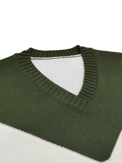 Grüner V-Ausschnitt Colorblock Pullover - Lena