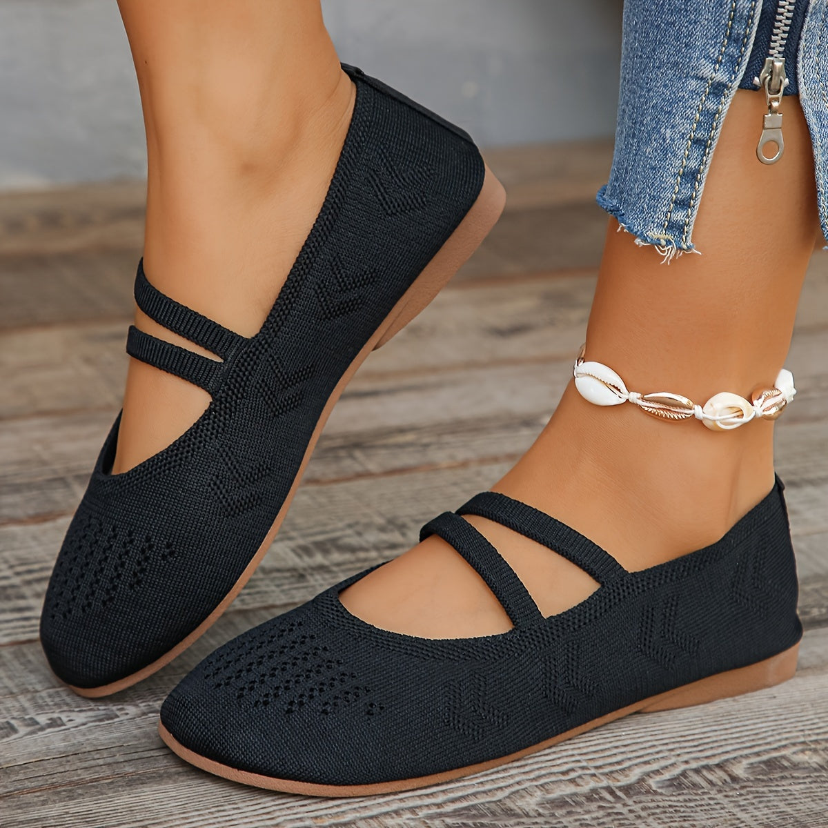 Schwarze Damen Strick Flats