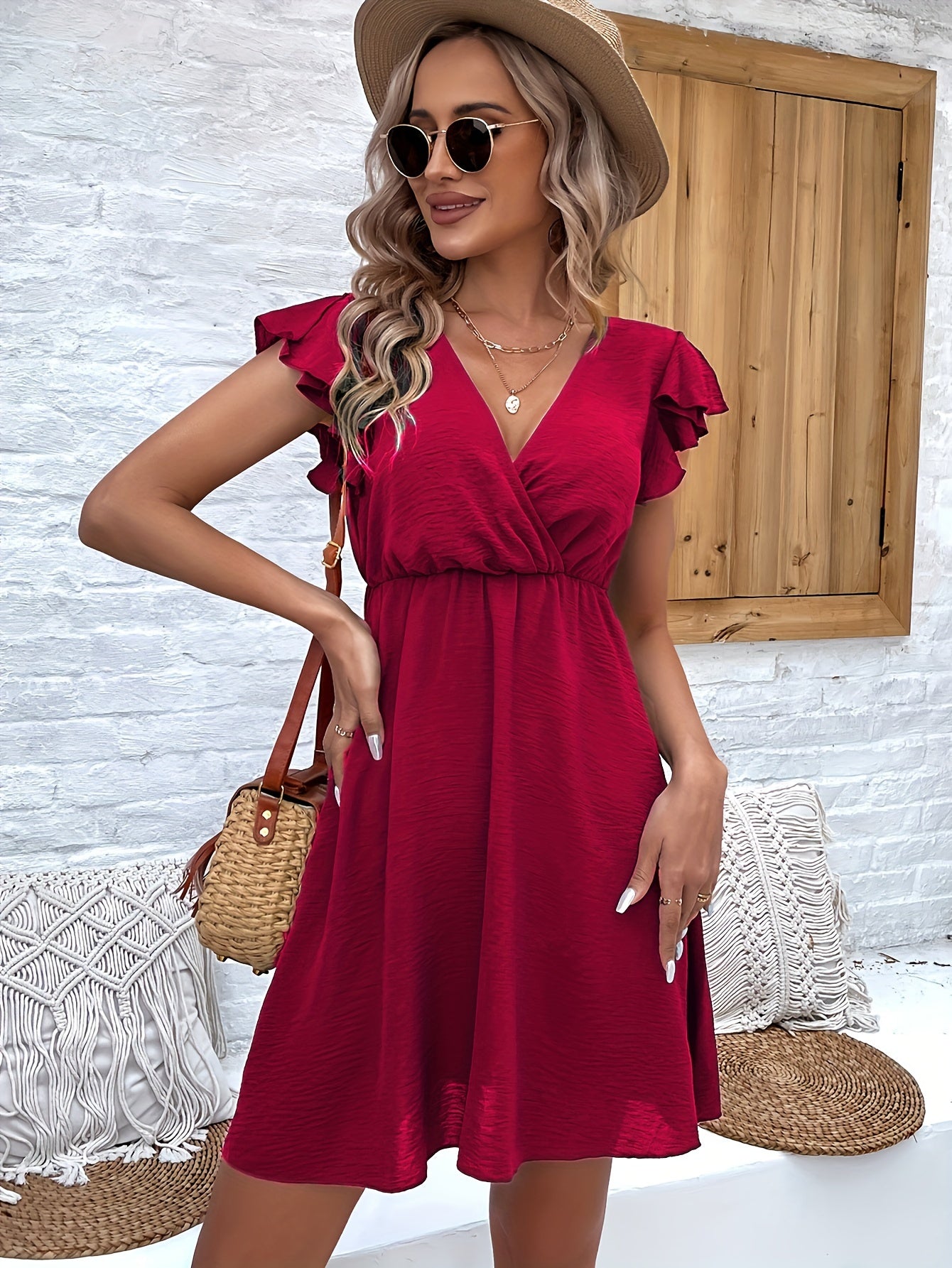 Dunkelgrünes Rüschenärmel-Kleid - Mia