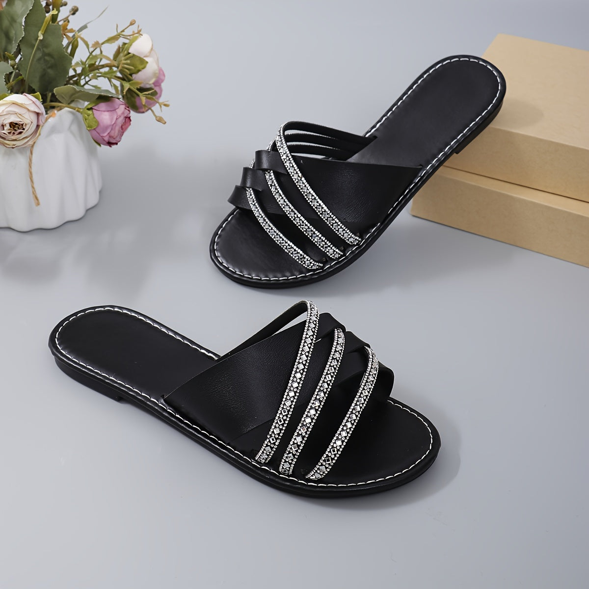 Schwarze Glitzersandalen - Glamour Strass Design - Sara