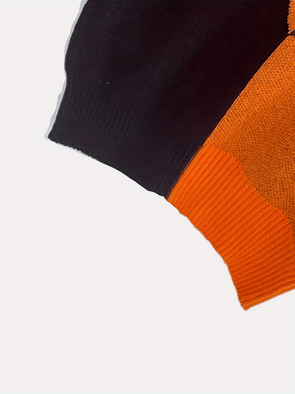 Halloween Kürbisgesicht Strickkleid - Lässiges Colorblock Kleid mit langen Ärmeln